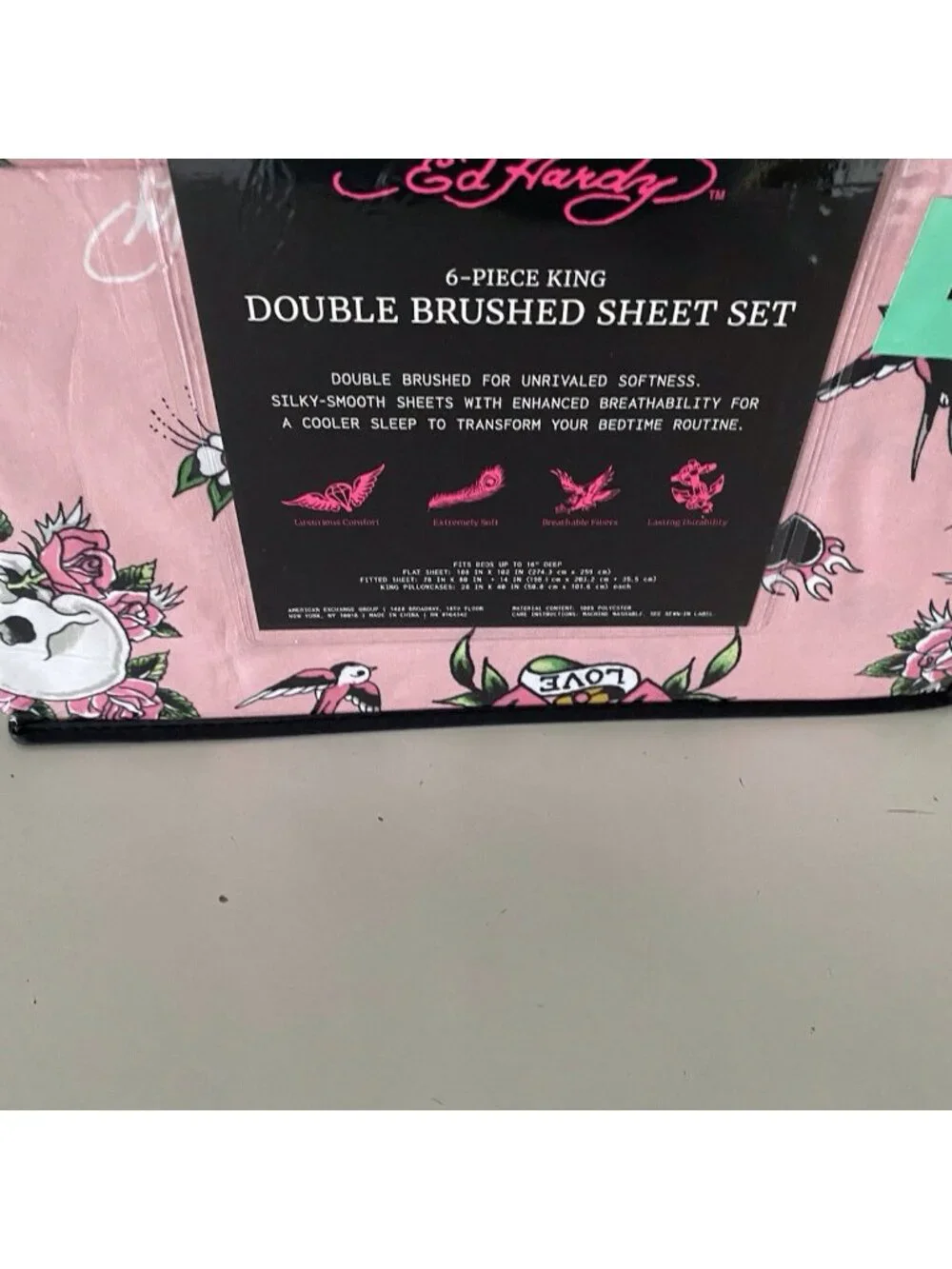 6 Piece Ed Hardy KING Size Sheet Set Pink Logo Skulls Hearts Birds NEW